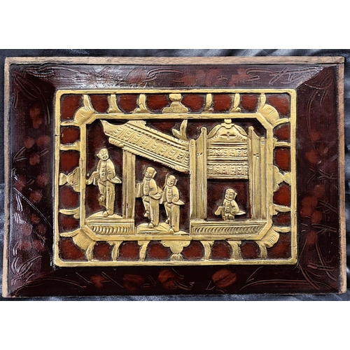 62 - A good pair of Chinese carved Wooden and parcel gilt Panels depicting figures in pagoda interiors ca... 