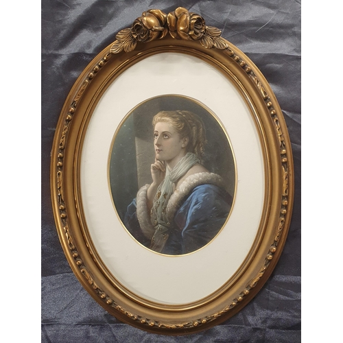 62B - A 19th Century coloured Portrait Engraving of a Lady in an oval gilt frame with floral crest. 48 x 3... 