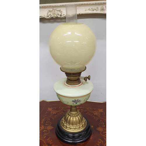 383 - A good late 19th Century Brass and Glass oil Lamp with cloudy hand painted Bowl. Height 58 cm approx... 