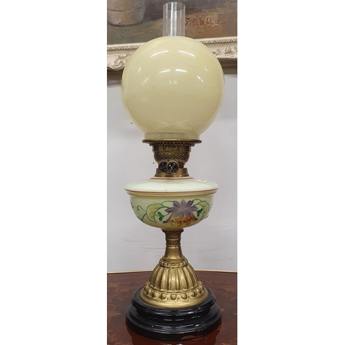 383 - A good late 19th Century Brass and Glass oil Lamp with cloudy hand painted Bowl. Height 58 cm approx... 