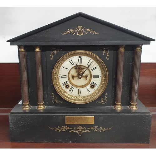 390 - A 19th Century Black Slate mantel Clock with columned front. H 34 x W 37 x D 14 cm approx.