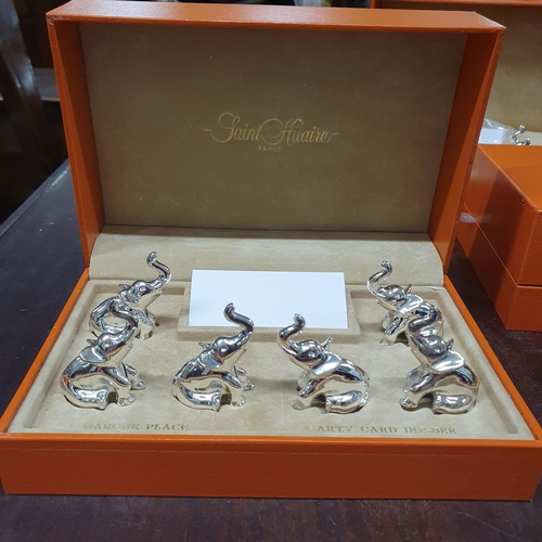 408 - Saint Hilaire Paris, a set of eighteen silver plated elephant place mark party Card Holders  in thre... 