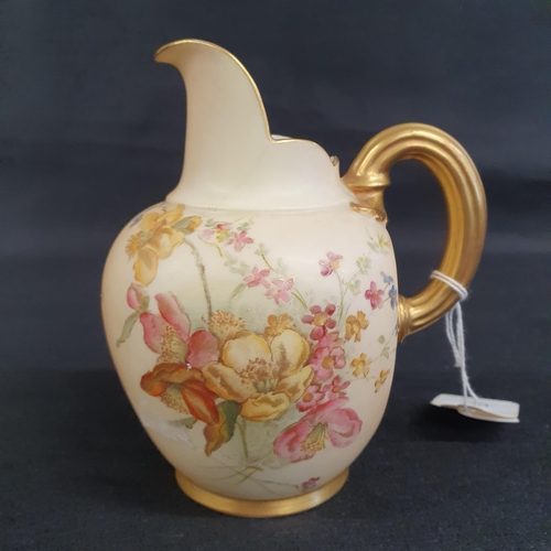 455 - A Royal Worcester Porcelain flat back Jug with rustic gilt handle. Rd 29115 - 1094. H 14 cm.