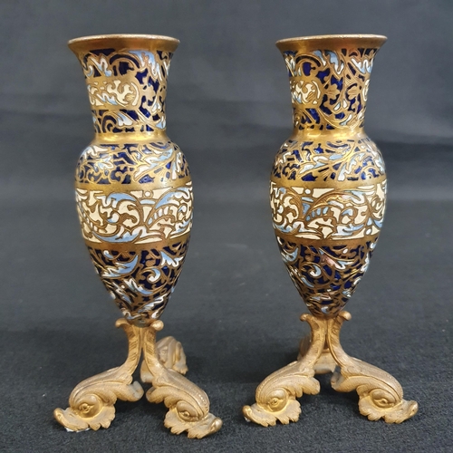 458 - A fine pair of late 19th Century French ormolu mounted cloisonne enamel Bud Vases, each on tri-dolph... 