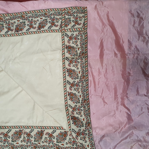 471 - A very fine early pink and ivory Silk ladies Shawl with polychrome floral border. 85 x 250 cm approx... 