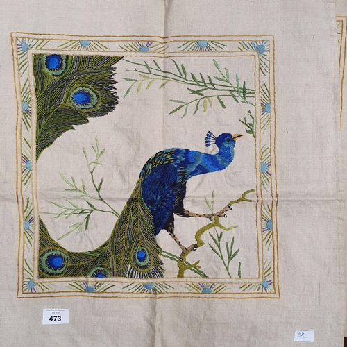 473 - Two colourful needlework Tapestry Panels on linen, one depicting a peacock on a branch the other a l... 