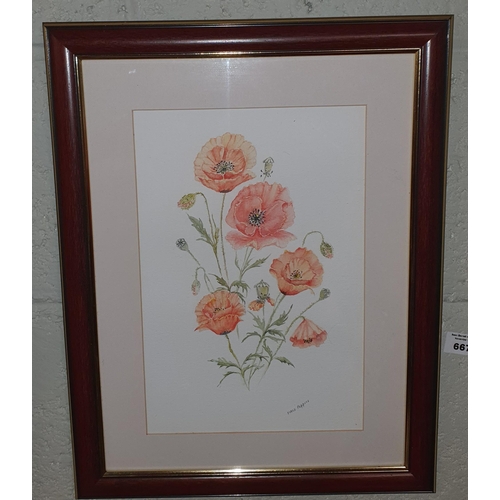 907 - Two 20th Century Watercolours Still Life of poppies by J Wells, one signed. 30 x 20 cm approx.