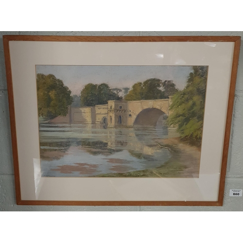 909 - R. Steele. A 20th Century Pastel of a bridge scene, signed LL. 31 x 42 cm approx.