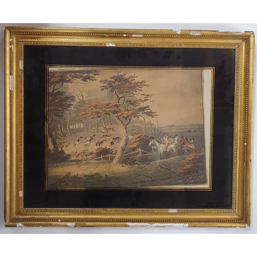 925 - A 19th Century hand coloured hunting Print in an eglomise glass frame. 46 x 57 cm approx.