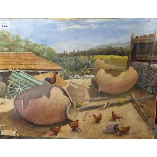 961 - E G Wright, Oil on board of a farmyard setting, signed lower right unframed. 35 x 45 cm approx.