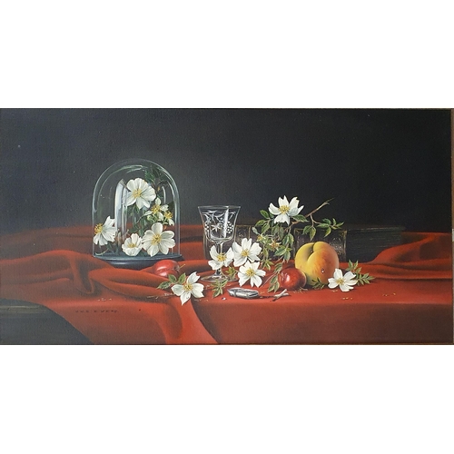 15 - A 20th Century Oil on Canvas still life of fruit and flowers on a table setting. By Ted Dyre signed ... 