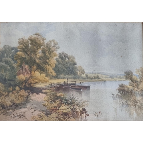 46 - John Steeple. A 19th Century Watercolour of a Man fishing off a pier at a lake with house to the lef... 