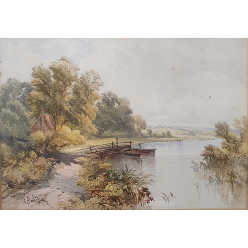 46 - John Steeple. A 19th Century Watercolour of a Man fishing off a pier at a lake with house to the lef... 