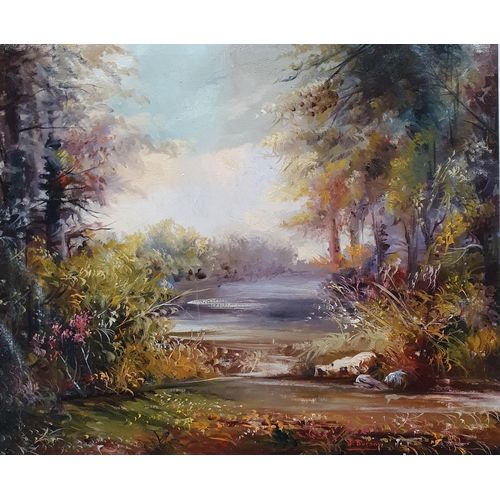 105 - J Durney. An Oil on Canvas of a river scene with trees to the fore. Signed LR.
H 49 x W 54 cm approx... 