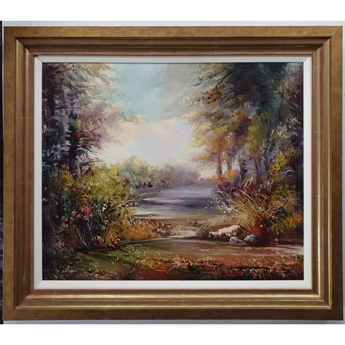 105 - J Durney. An Oil on Canvas of a river scene with trees to the fore. Signed LR.
H 49 x W 54 cm approx... 