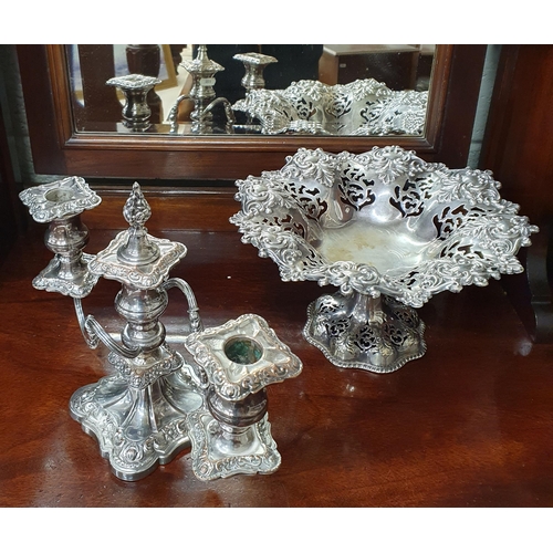 128 - A 19th Century large Pottery Bowl. (with faults) along with a  silver plated twin branch candelabra ... 