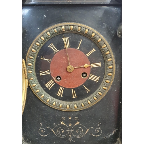 156 - A good 19th Century black slate clock with etched gilded outline and rouge marble inlay.
W33 x D 17 ... 