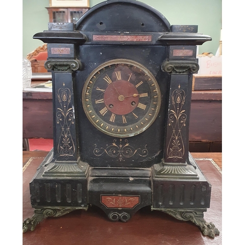 156 - A good 19th Century black slate clock with etched gilded outline and rouge marble inlay.
W33 x D 17 ... 