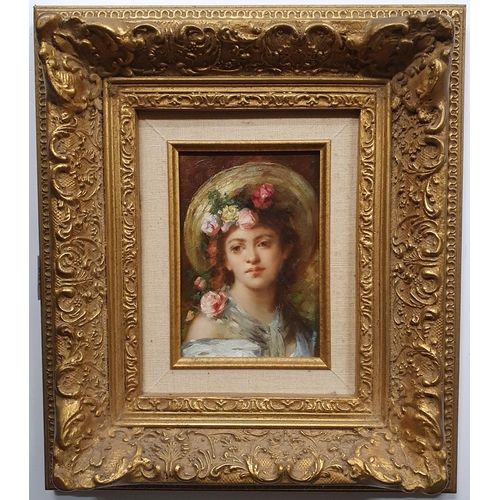 163 - A 20th Century Oil On Panel Portrait of a young Lady with a floral hat in an attractive moulded gilt... 