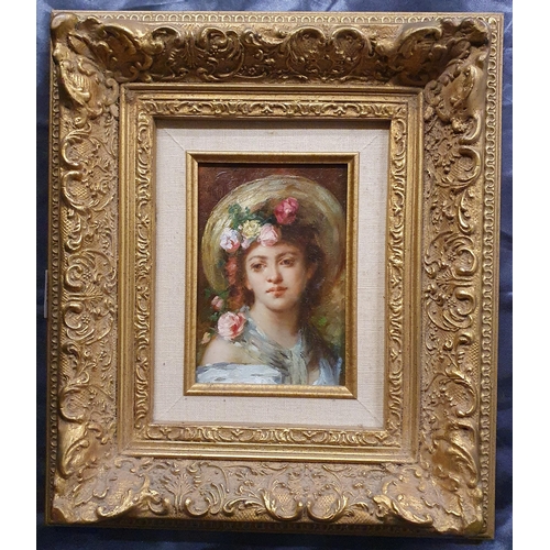 163 - A 20th Century Oil On Panel Portrait of a young Lady with a floral hat in an attractive moulded gilt... 