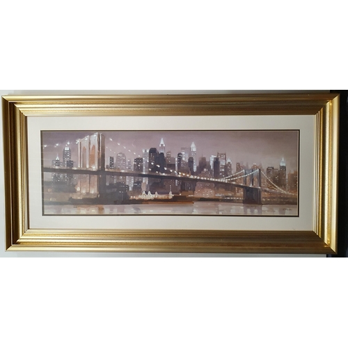 175 - A good coloured Print of Manhattan New York skyline. Signed by P Romero LR. In a good gilt frame. H ... 