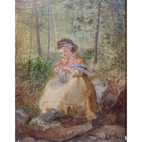 179 - Kate Grey (act.1848 - 1892); An Oil On Canvas of a young girl knitting at the edge of a wood, signed... 