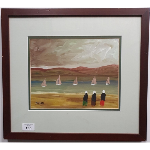 193 - An Oil on Board of Sailing Ships beside an estuary with women looking on. Signed Dylan LL. 20 x 25 c... 