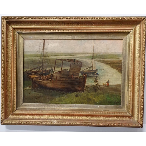 207A - Charles M Riches (fl c 1860); An Oil On Canvas of beached fishing boats and figures in a harbour, si... 