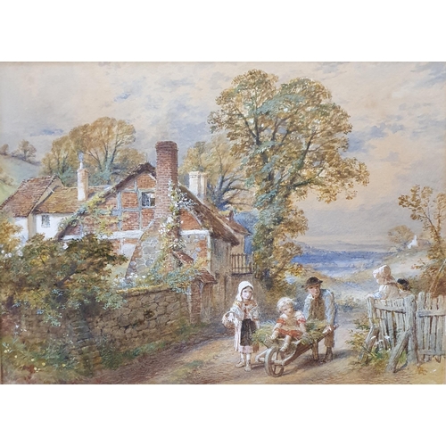 290 - A Watercolour of Children chatting near a roadside cottage. In the manner of Myles Birket Foster, no... 