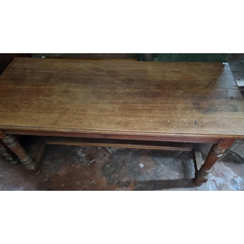 358 - A 20th Century Oak farm house Kitchen Table with veneered top, single frieze drawer on turned suppor... 