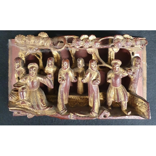 466 - A good set of four carved Chinese red laquered and parcel gilt wall Panels each with a group of stan... 