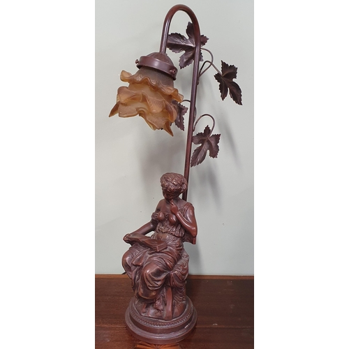 526 - A heavy Bronze effect table Lamp with figure of  a lady reading along with A Porcelain figure along ... 