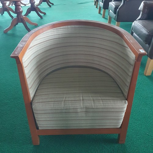 485 - A Pair of Timber show frame Tub chair , striped upholstery.
H 72 x 66 x 66 , seat Height 36 cm appro... 