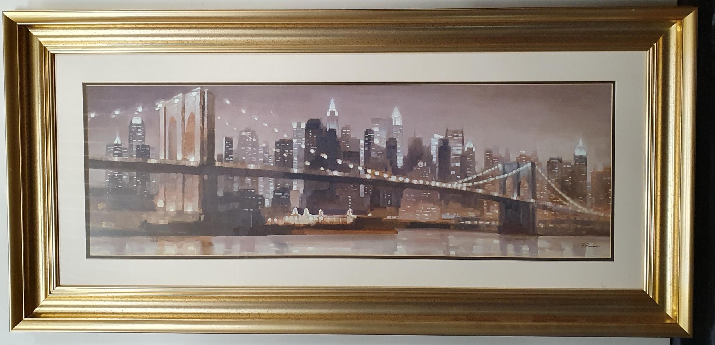 A good coloured Print of Manhattan New York skyline. Signed by P