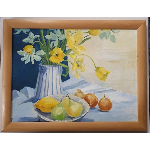 61 - A 20th Century Watercolour still life of fruit on a table setting with flowers. 45 x 60 cm approx.