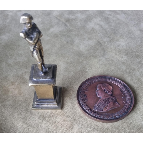 449 - A Bronze Plaque depicting Pope Pius IX along with a Brass statue of Napoleon.