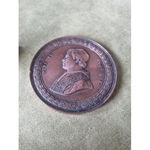 449 - A Bronze Plaque depicting Pope Pius IX along with a Brass statue of Napoleon.