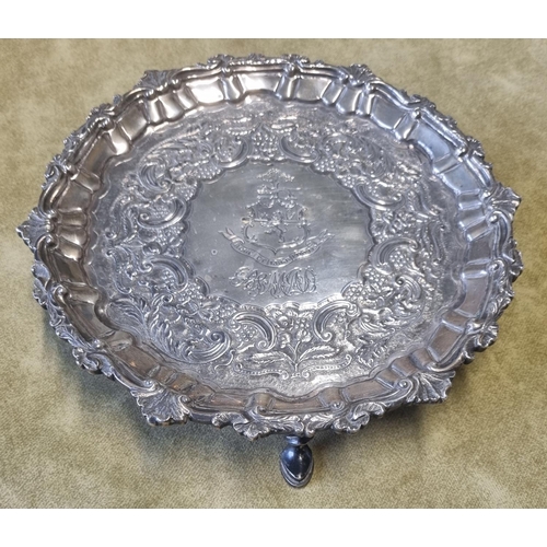 458 - A heavy Irish Silver Salver, William Nolan 1825 with a highly etched outline and crested center. 400... 