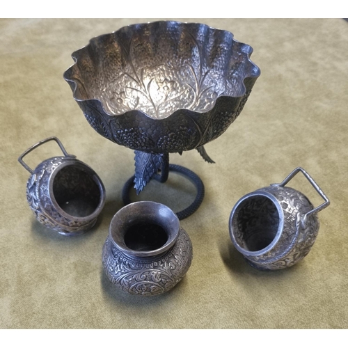 466 - A really good Silver coloured Bowl, possibly Indian Sliver, along with three Salts again possibly In... 