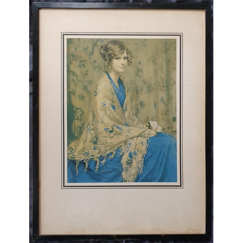 101 - A 20th Century coloured Print of a beautiful young lady in a blue dress draped in a shawl. 52 x 39 c... 