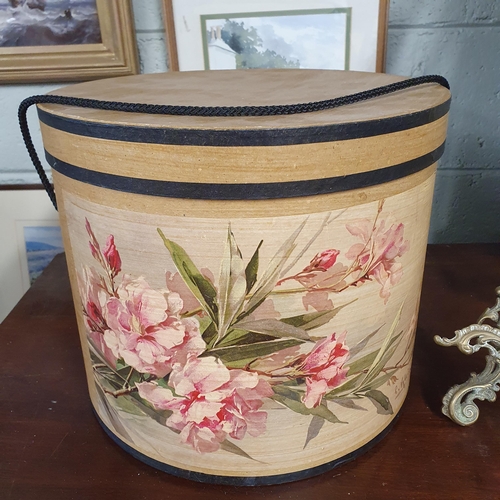 156 - A good early 20th Century Brass Easel along with a floral decorated hatbox.