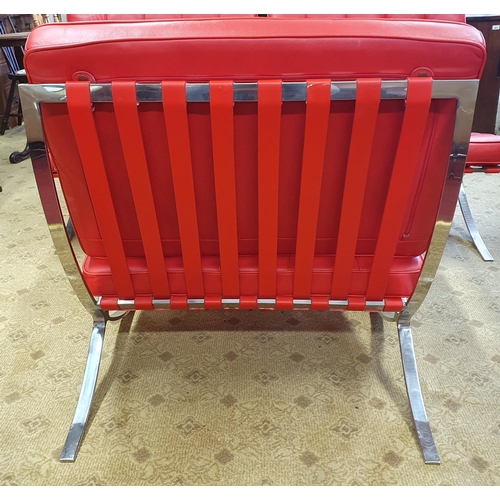 49 - A good Barcelona style Chair with Chrome detail and deep buttoned red cushions. W 75 x SH 41 x BH 83... 