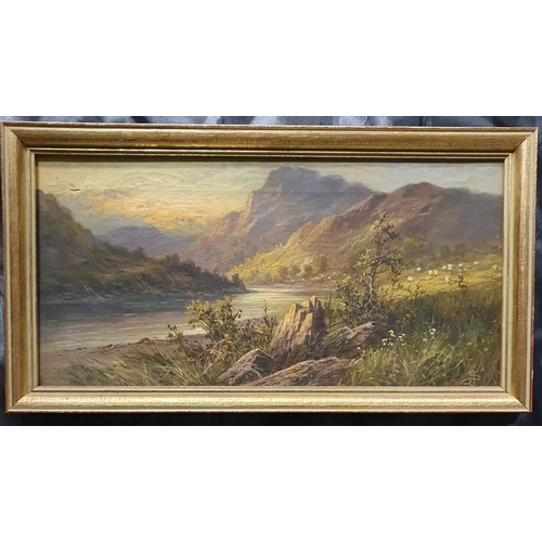 5 - A 19th Century Oil on Canvas by F E Jameson of a mountainous scene with river. Monogrammed LR. 20 x ... 