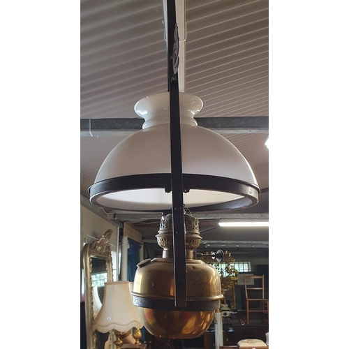 52 - A pair of 19th Century Metal and Brass Hanging Lanterns with cloudy glass shades. D 75 x w 38 cm app... 