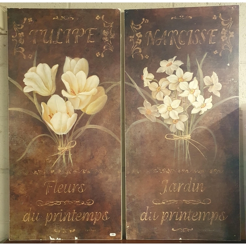 69 - Two Oleographs still life of Flowers. 'Fleurs' and 'Jardin'. 99 x 48 cm approx.