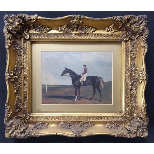 73 - Two coloured Oleographs of racing horses in vintage era in good gilt frames. 30 x 35 cm approx.