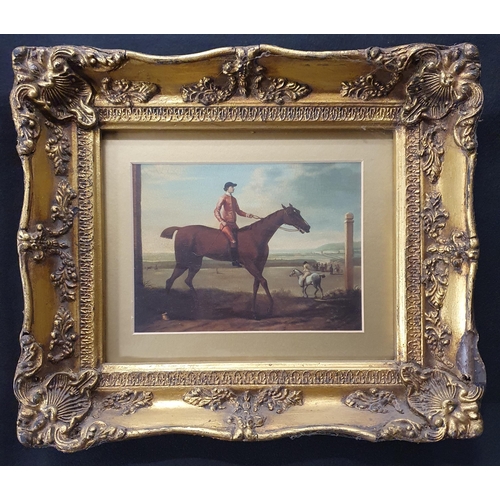 73 - Two coloured Oleographs of racing horses in vintage era in good gilt frames. 30 x 35 cm approx.