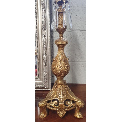 80 - A really good pair of Brass Table Lamps with classical decoration and cream shades. H 62 cm approx.