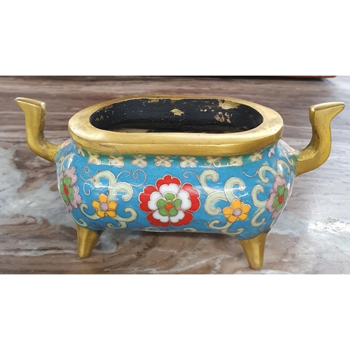 499 - A Chinese gilt Bronze and cloisonne enamel incense Burner with floral decoration and two shaped hand... 