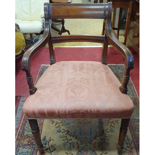 75 - A Regency Mahogany Carver with reeded outline on turned front supports. W 58 x SH 45 x BH 83 cm appr... 